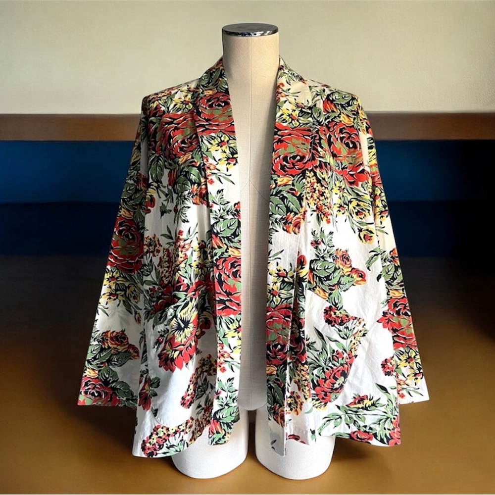 VTG 80’ Norma Kamali Oversized M L Blazer Floral Open Front Pockets Kimono Boho